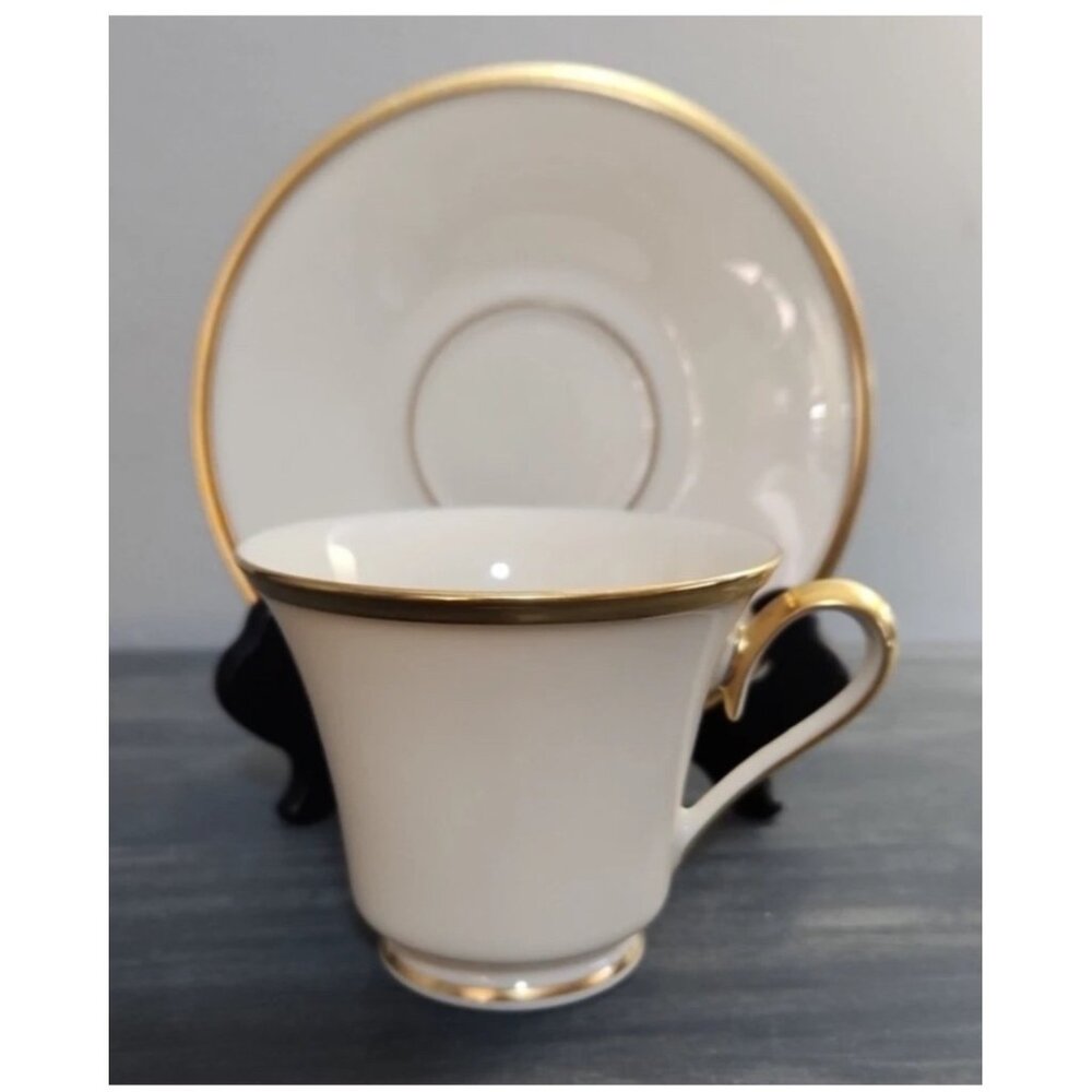 Lenox Eternal Dimension Collection Tea Cup & Saucer Set Bone China Gold Trim